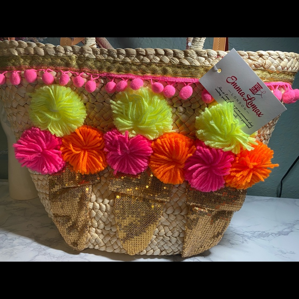Emma Lomax Ice Cream Pom Pom Straw Tote Bag - Picture 4 of 16